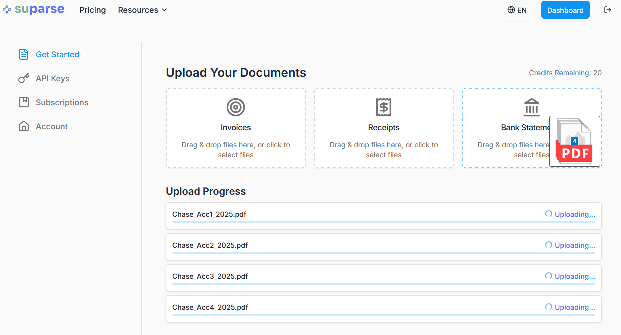 Screenshot of the Suparse drag-and-drop upload interface, showing multiple PDF and JPG files being added.