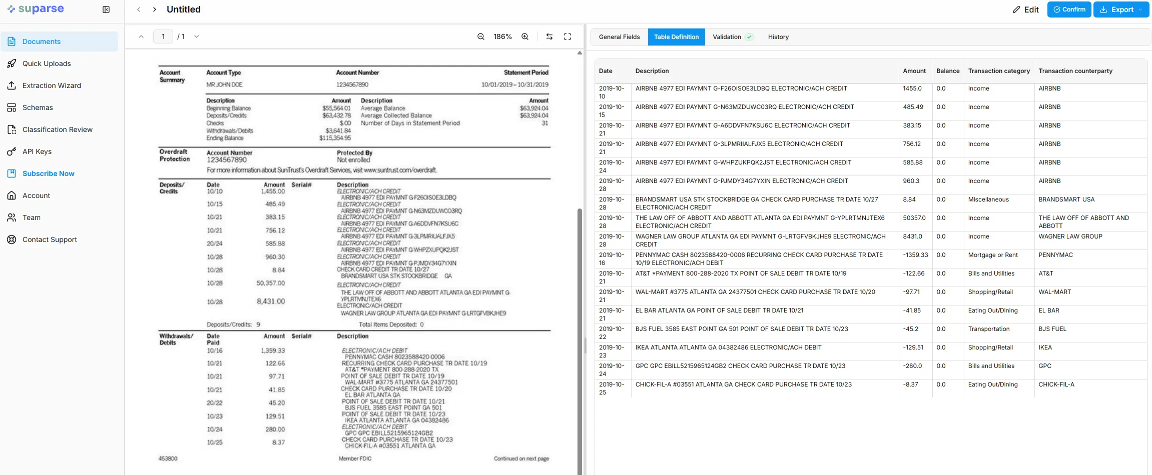 Screenshot of the Suparse document extraction results user interface showing PDF bank statement side by side with table extraction results and review pane.