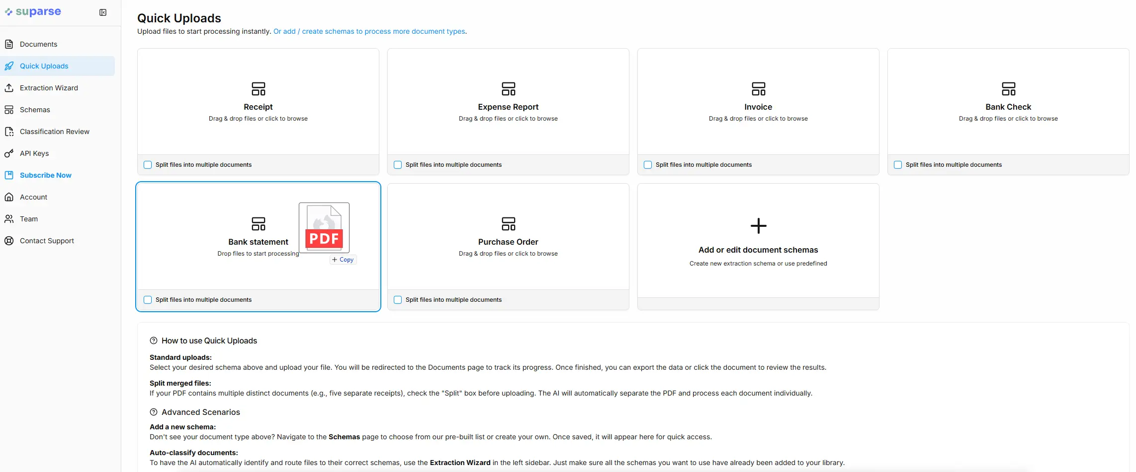 Screenshot of the Suparse upload interface showing scanned PDF bank statement being dragged and dropped into the web application.