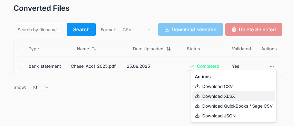 Adnotowany zrzut ekranu pokazujący użytkownika klikającego przycisk 'Pobierz dane' w Suparse, z wyróżnionymi opcjami dla Excel (.xlsx) i CSV.