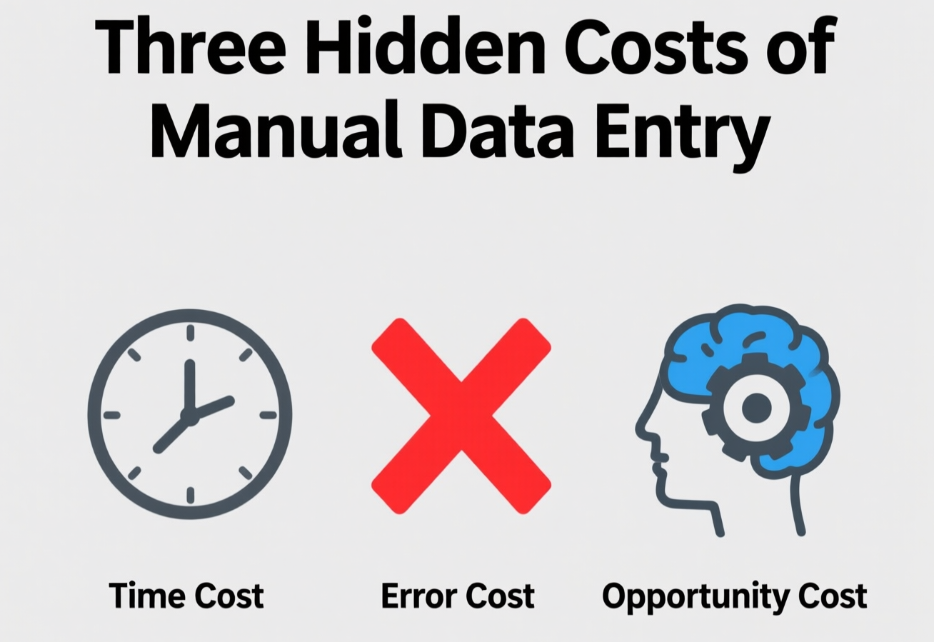 Infografika pokazująca trzy ikony: zegar reprezentujący 'Koszt Czasu', czerwony X reprezentujący 'Koszt Błędów' i mózg z zębatką reprezentujący 'Koszt Utraconych Szans'.